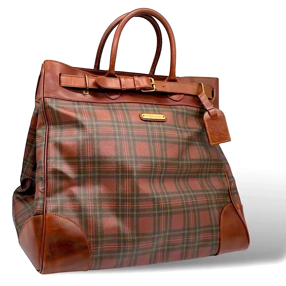 RALPH LAUREN Tall Tartan Plaid Brown Boston Weekend Travel Duffle Doctor Bag